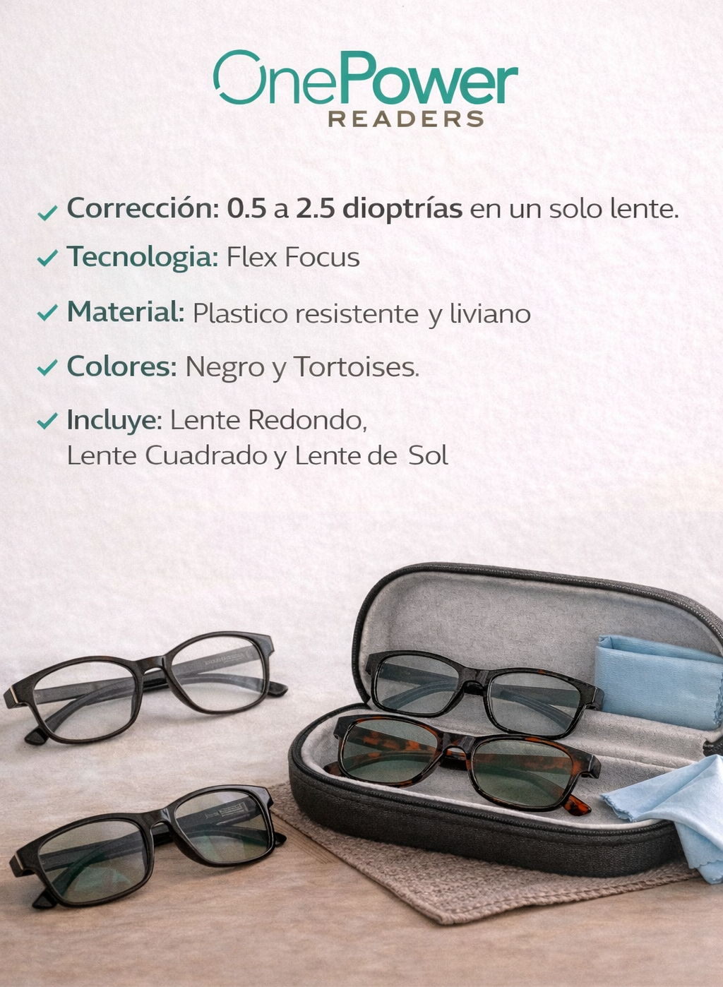 OnePower PowerLens – Claridad Inmediata- Super Pack 3 Lentes: Redondo-Cuadrado y de Sol
