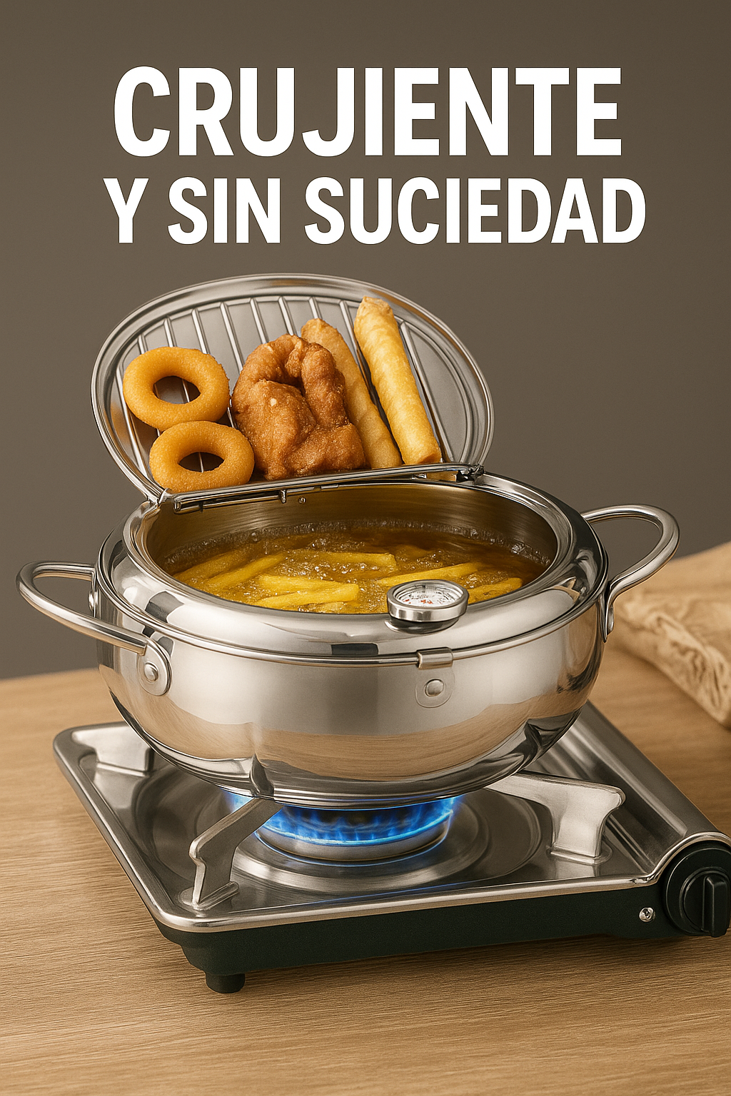 Freidora de Acero Inoxidable Japonesa 20 cms - Ahorra aceite y fríe de manera fácil + Recetario 10 Recetas + Despacho Gratis
