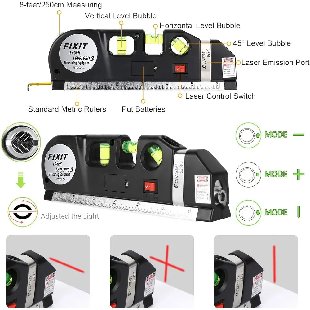 Metro Laser 4 En 1 / 📏 Nivelador Láser + Regla + Cinta Métrica + Burbujas de Nivelación en una sola herramienta.