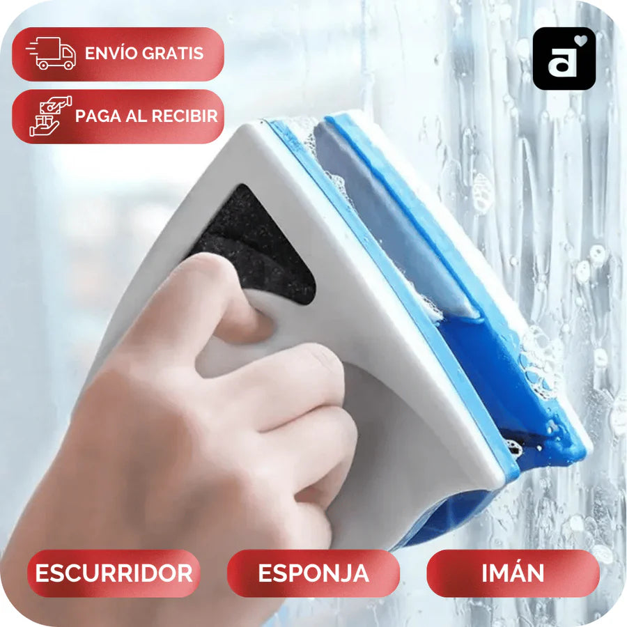 GLASS CLEANER | DOBLE LIMPIADOR DE VIDRIOS CON IMÁN, ESPONJA Y ESCURRIDOR