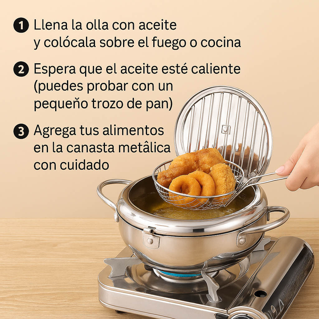 Freidora de Acero Inoxidable Japonesa 20 cms - Ahorra aceite y fríe de manera fácil + Recetario 10 Recetas + Despacho Gratis