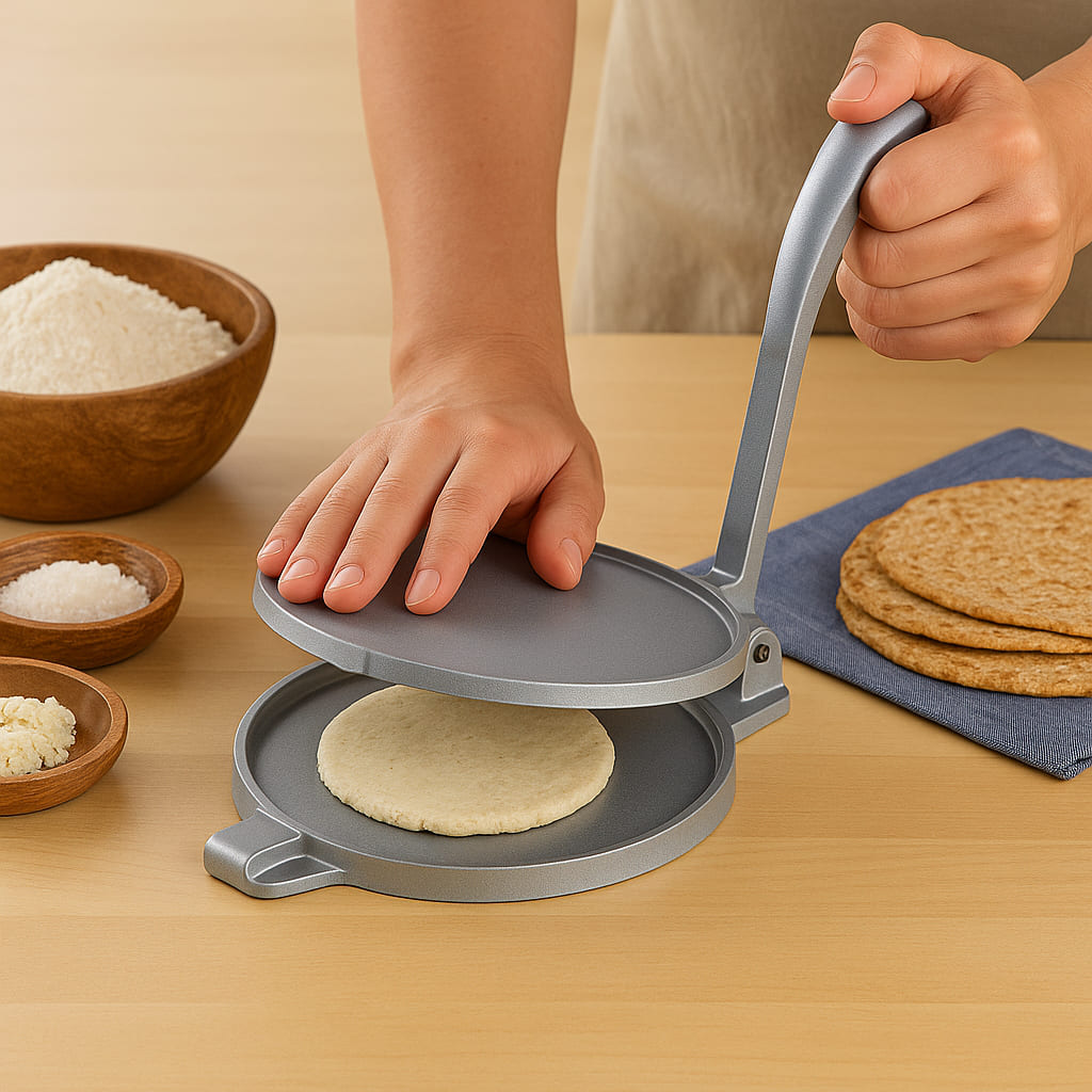 Prensa para Tortillas Acero Inoxidable 20 cms - Ahorra tiempo y dinero -Incluye Ebook GRATIS con 10 Recetas + Tips de Amasado