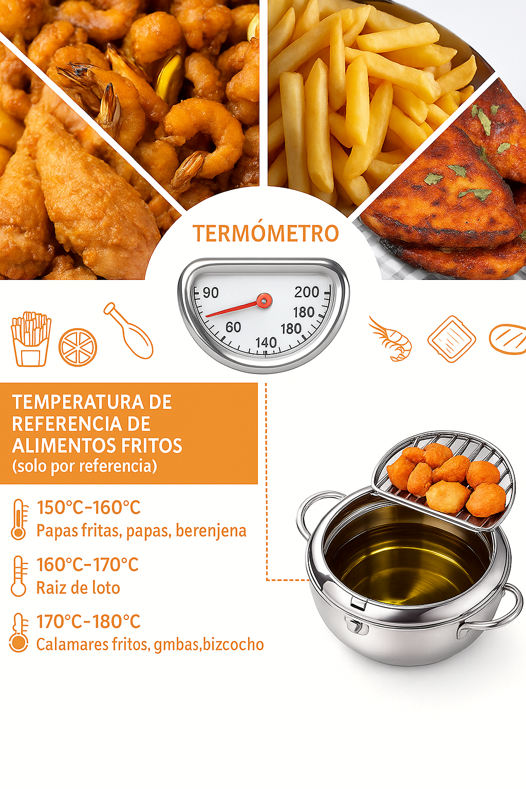 Freidora de Acero Inoxidable Japonesa 20 cms - Ahorra aceite y fríe de manera fácil + Recetario 10 Recetas + Despacho Gratis