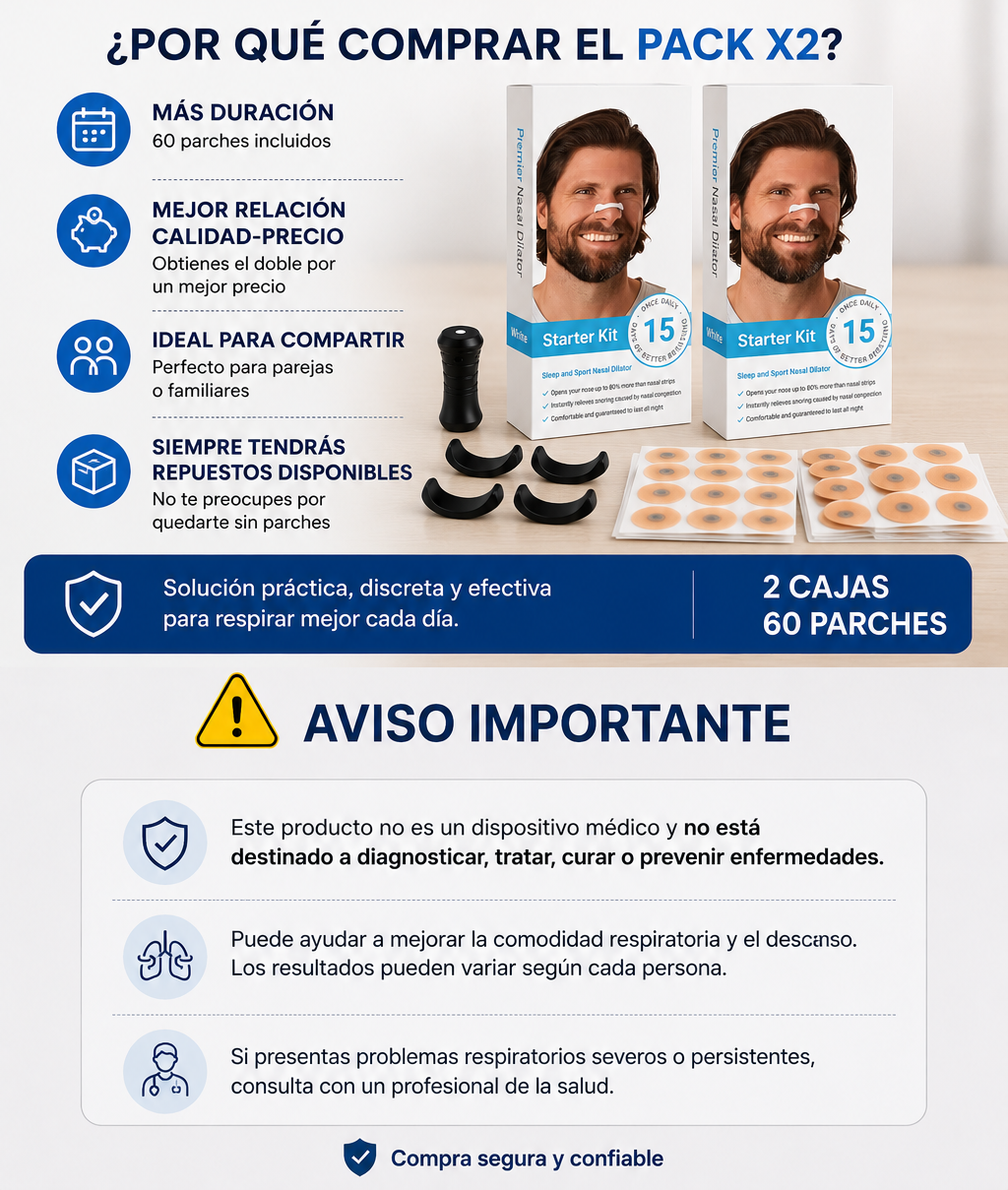 Tiras Nasales Magnéticas X2 (30 unidades) - Respira, Duerme y Vive Mejor
