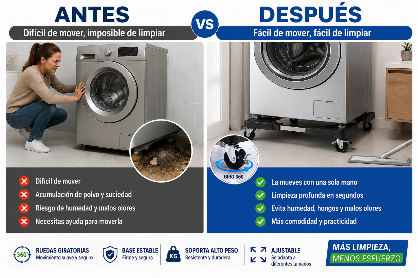 Base Móvil Ajustable para Lavadora y Refrigerador - Mueve electrodomésticos sin esfuerzo