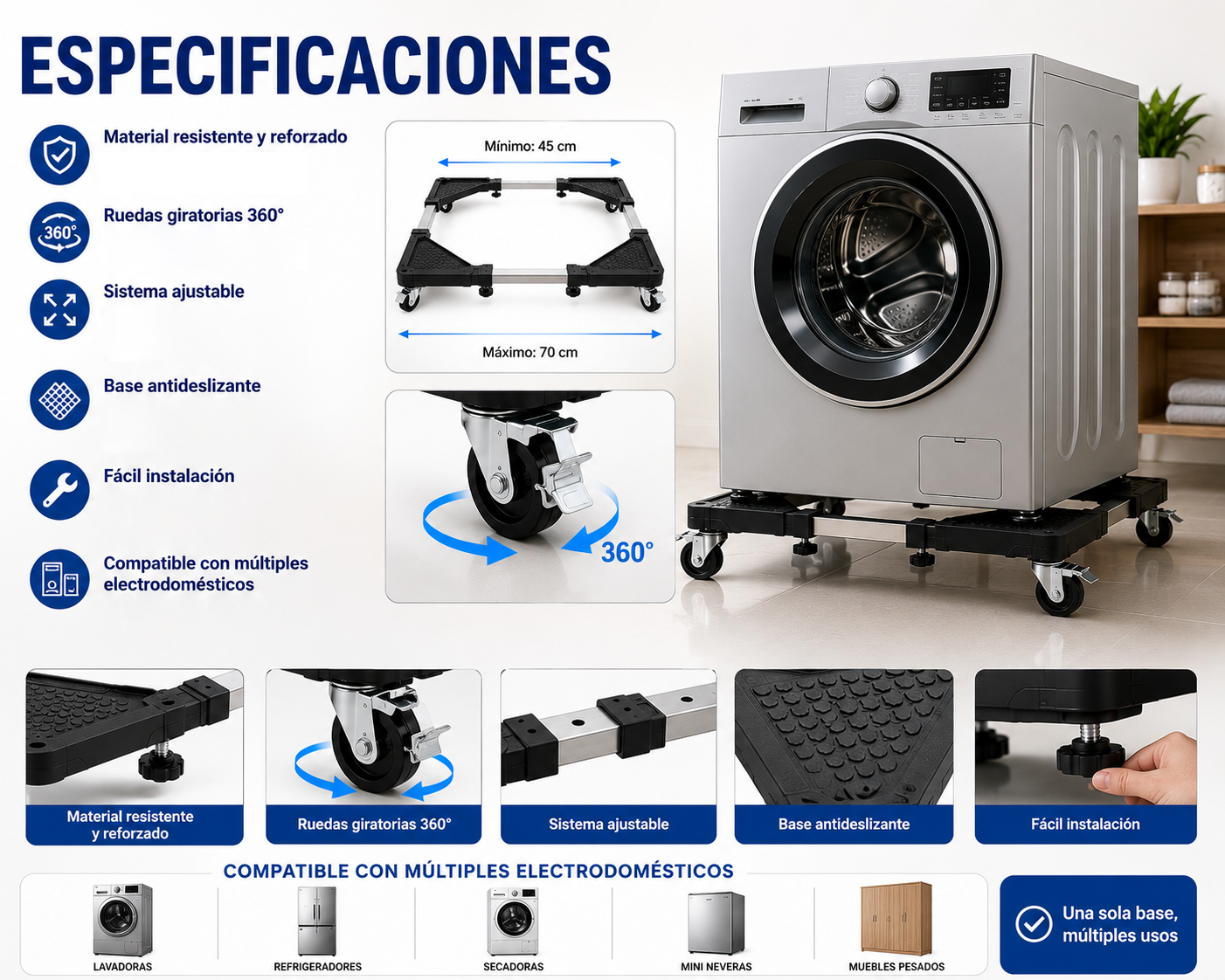 Base Móvil Ajustable para Lavadora y Refrigerador - Mueve electrodomésticos sin esfuerzo