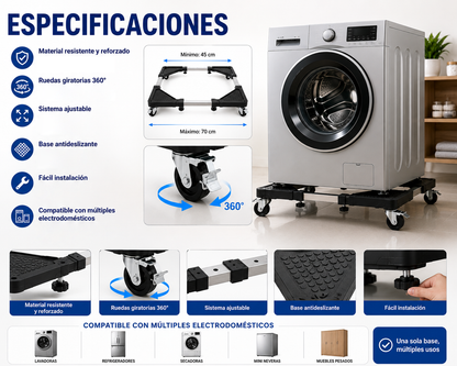 Base Móvil Ajustable para Lavadora y Refrigerador - Mueve electrodomésticos sin esfuerzo