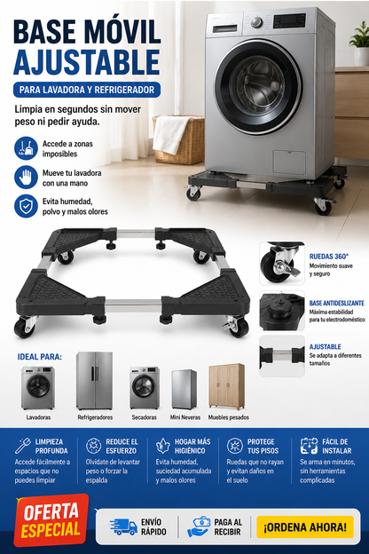 Base Móvil Ajustable para Lavadora y Refrigerador - Mueve electrodomésticos sin esfuerzo