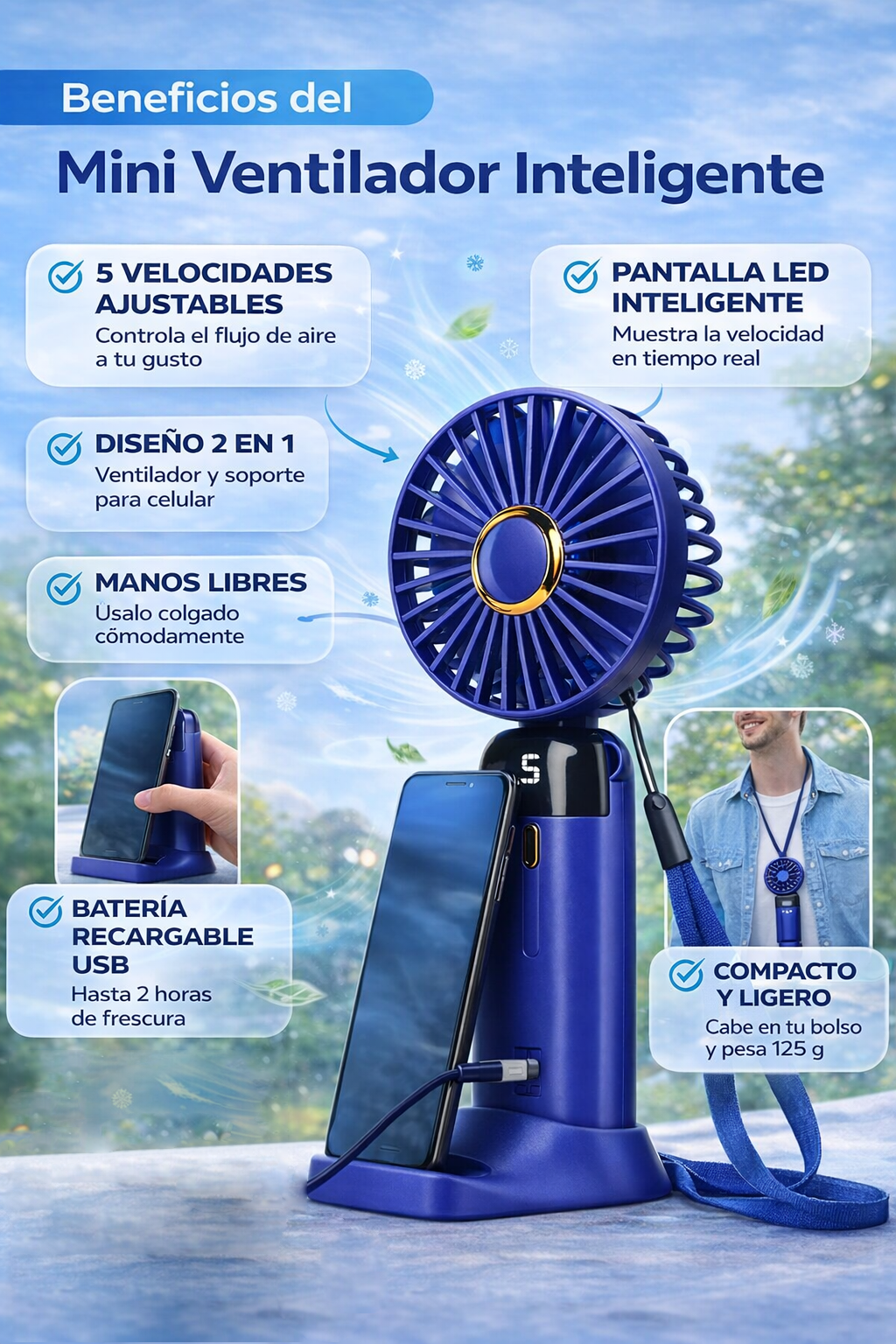 Mini Ventilador Inteligente 5 Velocidades portátil recargable