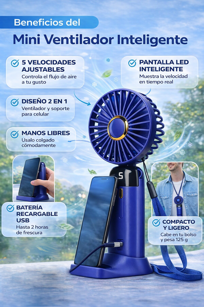Mini Ventilador Inteligente 5 Velocidades portátil recargable