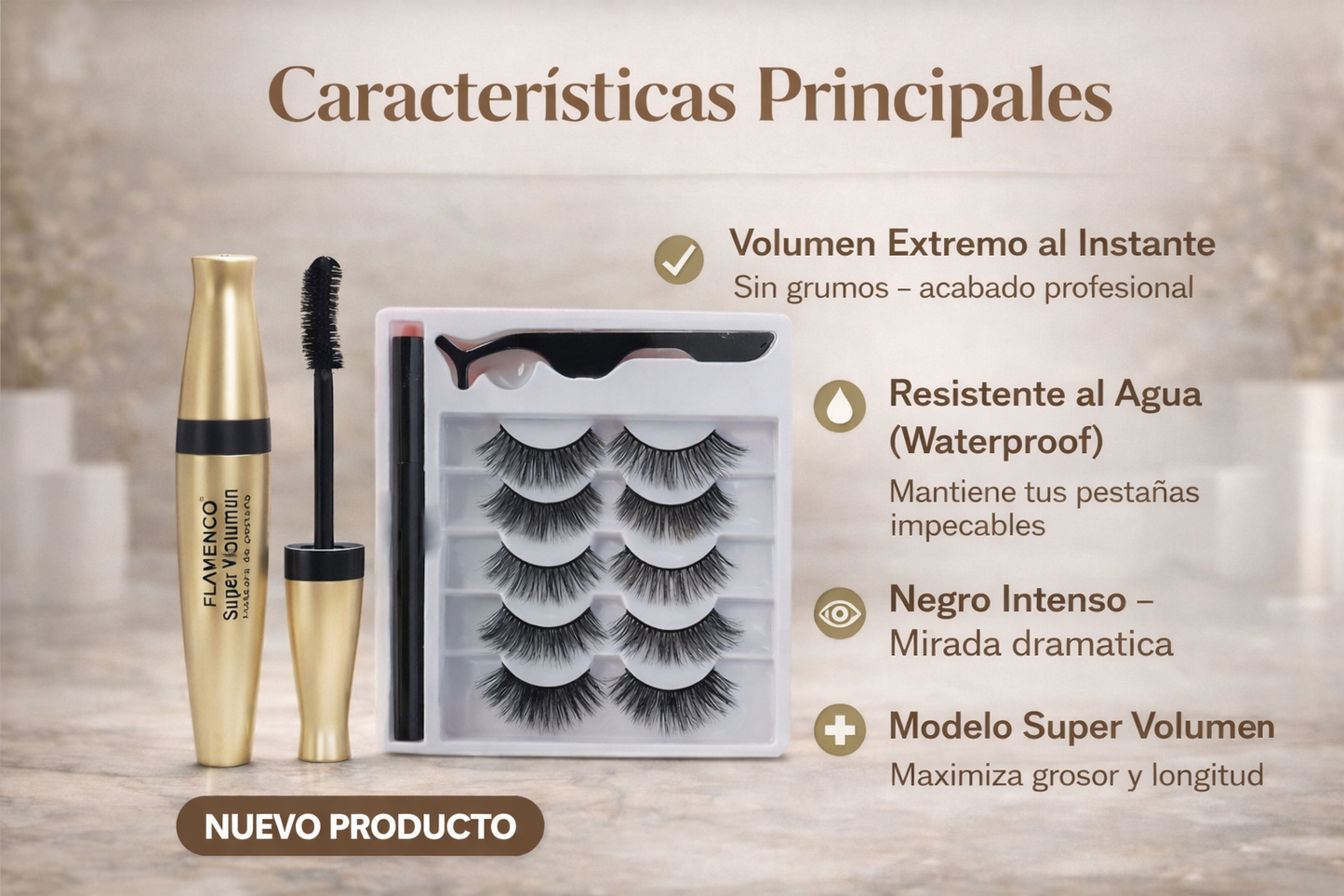 5 Pares de Pestañas Magnéticas Reutilizables + Máscara Flamenco Waterproof Super Volumen GRATIS