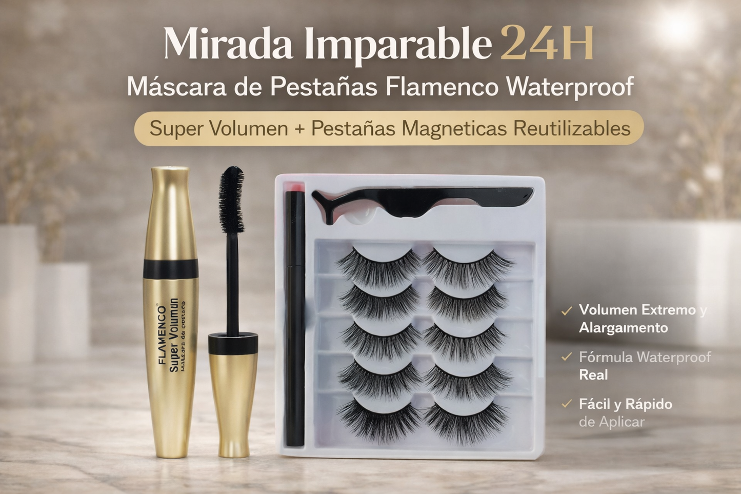 5 Pares de Pestañas Magnéticas Reutilizables + Máscara Flamenco Waterproof Super Volumen GRATIS