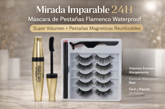 5 Pares de Pestañas Magnéticas Reutilizables + Máscara Flamenco Waterproof Super Volumen GRATISW