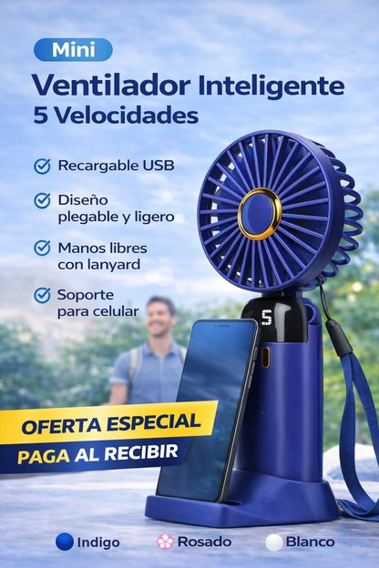 Mini Ventilador Inteligente 5 Velocidades portátil recargable