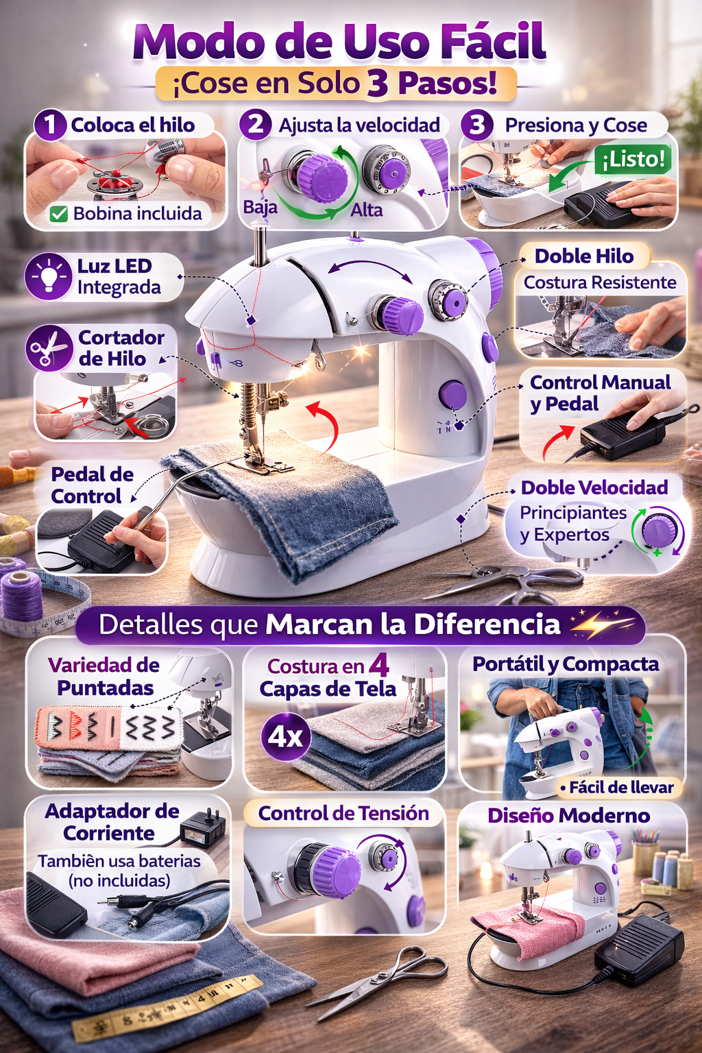 Mini Máquina de Coser Portátil - Cose facil y rápido desde cualquier lugar