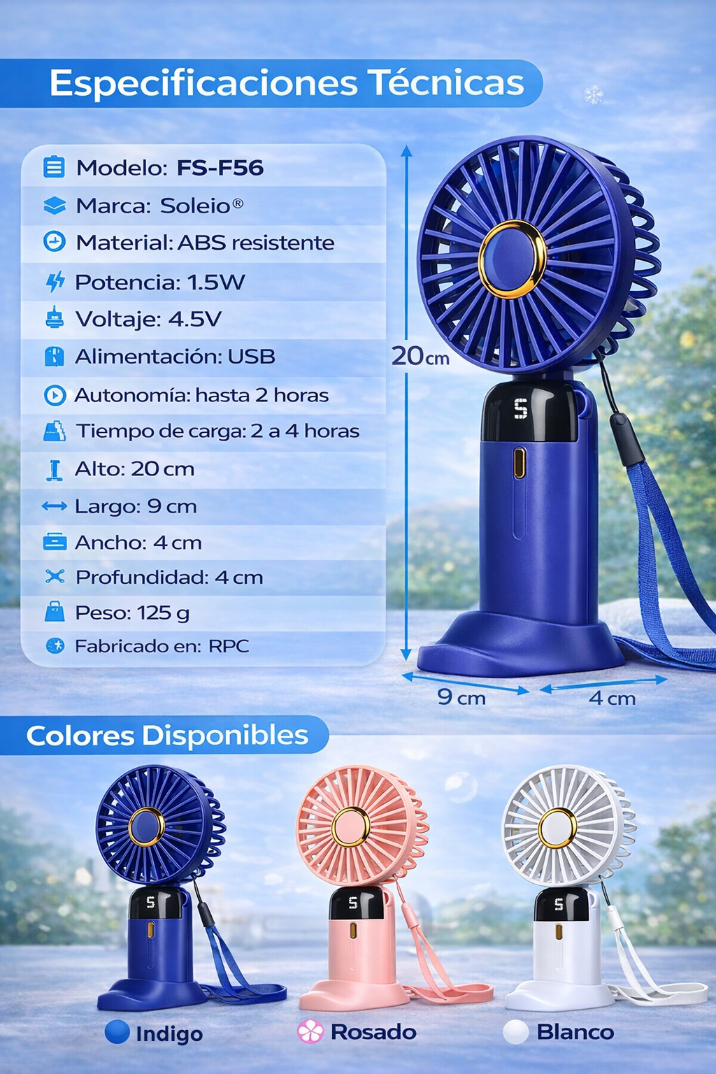 Mini Ventilador Inteligente 5 Velocidades portátil recargable
