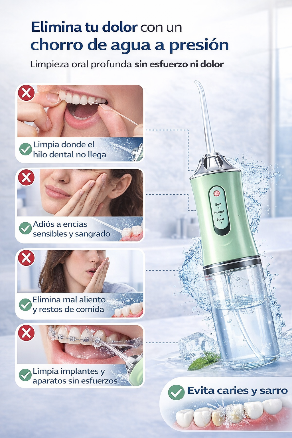 Irrigador Bucal Portátil USB - 3 Modos - 4 Boquillas - Limpieza dental profunda en segundos