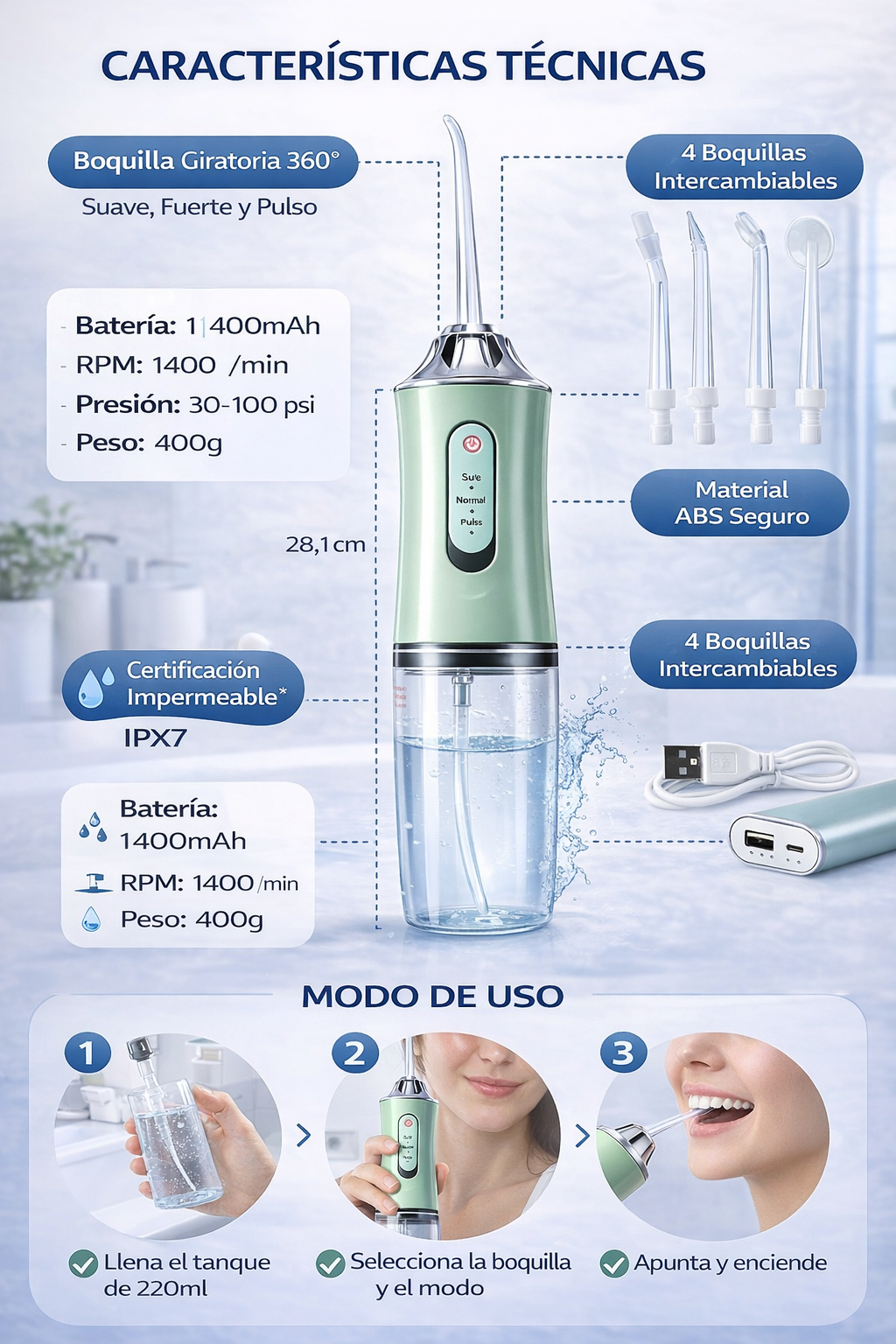 Irrigador Bucal Portátil USB - 3 Modos - 4 Boquillas - Limpieza dental profunda en segundos