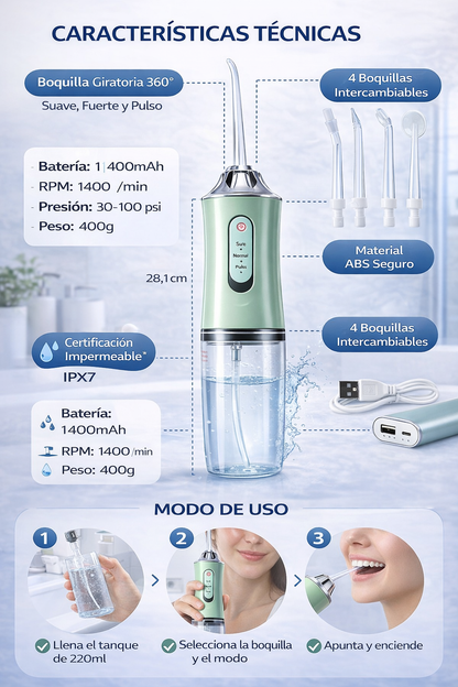 Irrigador Bucal Portátil USB - 3 Modos - 4 Boquillas - Limpieza dental profunda en segundos