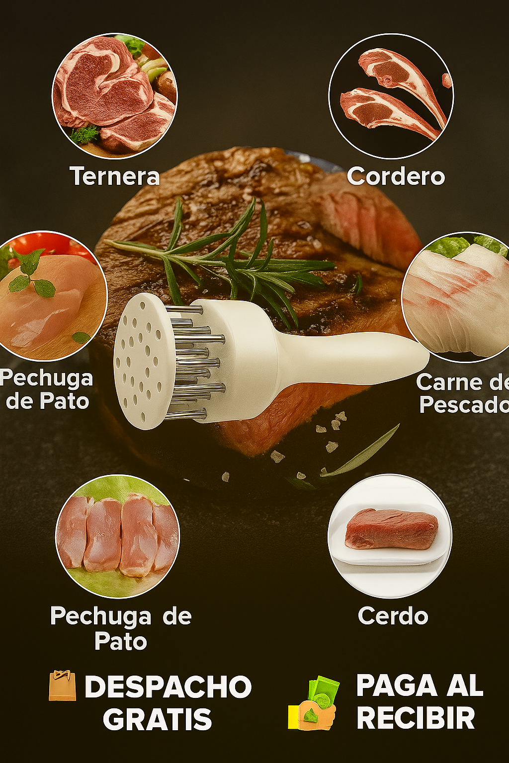 Ablandador de carne con agujas de acero inoxidable - Textura Perfecta en Segundos