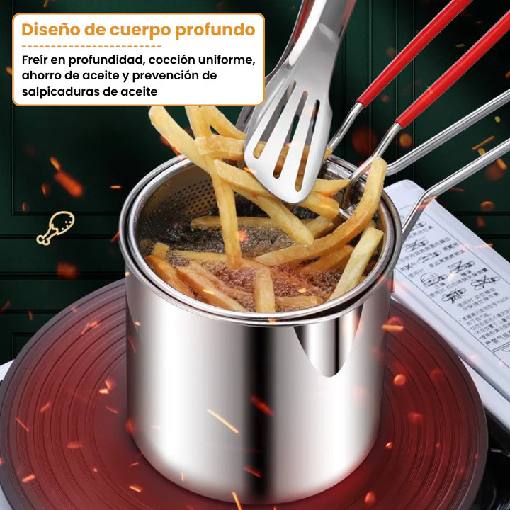 Olla Freidora Acero Inoxidable + Tapa de Vidrio + Ebook "10 Recetas Ricas y Fáciles en tu freidora"