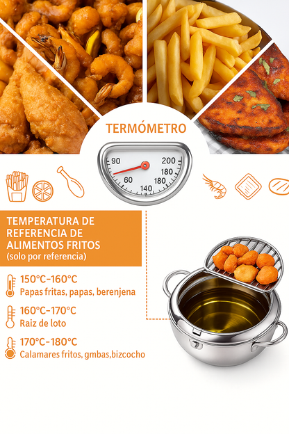Freidora de Acero Inoxidable Japonesa 20 cms - Ahorra aceite y fríe de manera fácil + Recetario 10 Recetas + Despacho Gratis