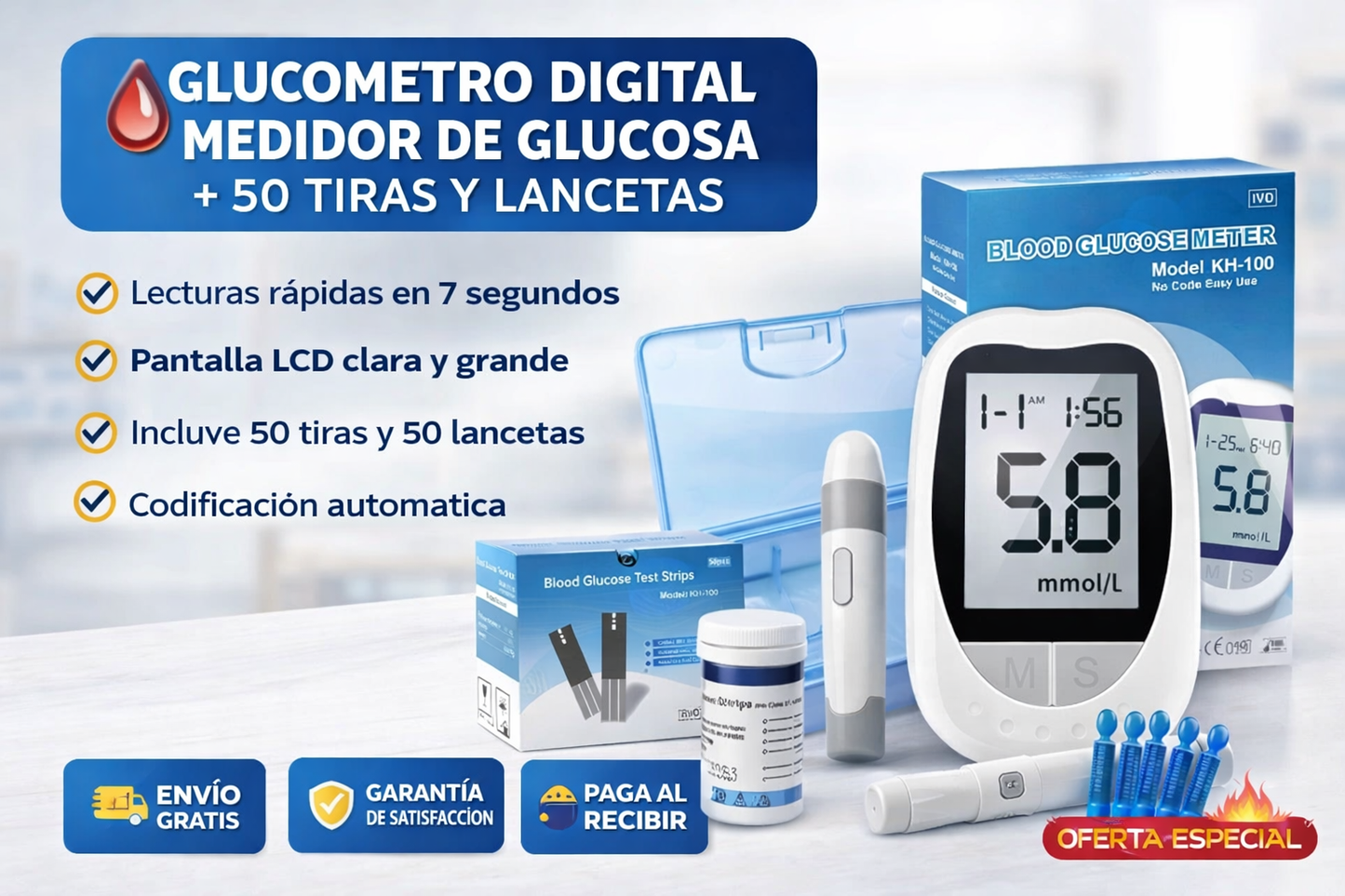Glucometro Digital Medidor De Glucosa - 50 Tiras + 50 Lancetas - Controla tu salud hoy mismo