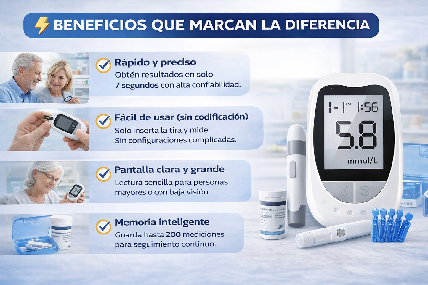 Glucometro Digital Medidor De Glucosa - 50 Tiras + 50 Lancetas - Controla tu salud hoy mismo