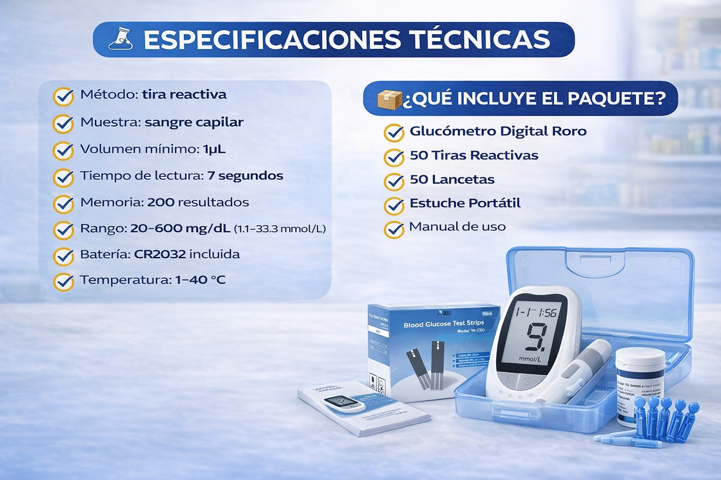 Glucometro Digital Medidor De Glucosa - 50 Tiras + 50 Lancetas - Controla tu salud hoy mismo