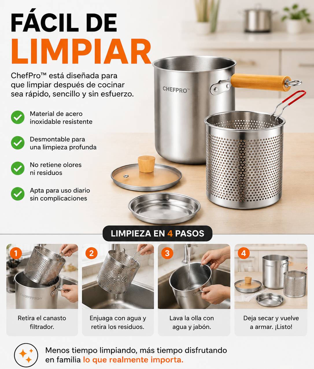 Freidora Multiuso ChefPro - Acero inoxidable resistentes y prácticos de lavar