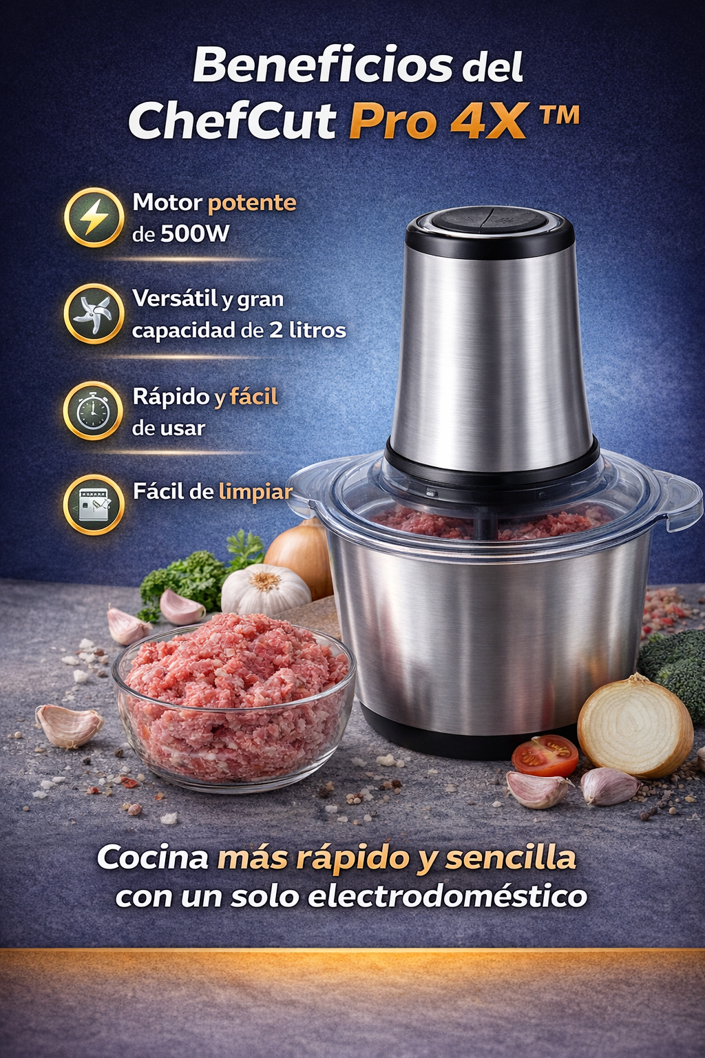 Picador Eléctrico de Alimentos - ChefCut Pro con 4 Cuchillas de Alto Rendimiento
