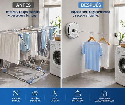 Tendedero Retráctil de Acero Inoxidable de 2.8m - Seca tu Ropa sin Ocupar Espacio