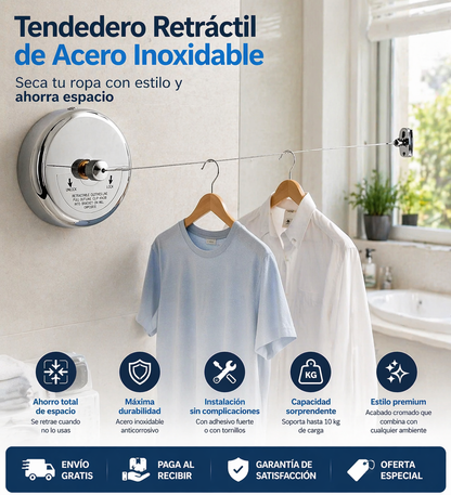 Tendedero Retráctil de Acero Inoxidable de 2.8m - Seca tu Ropa sin Ocupar Espacio