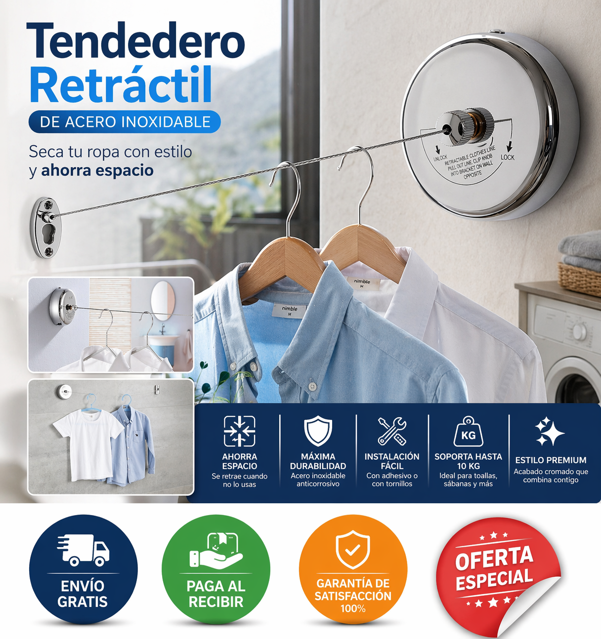 Tendedero Retráctil de Acero Inoxidable de 2.8m - Seca tu Ropa sin Ocupar Espacio