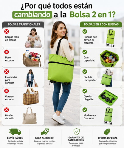 Bolsa 2 en 1 con Ruedas Plegable - LLevas más cosas si cargar peso