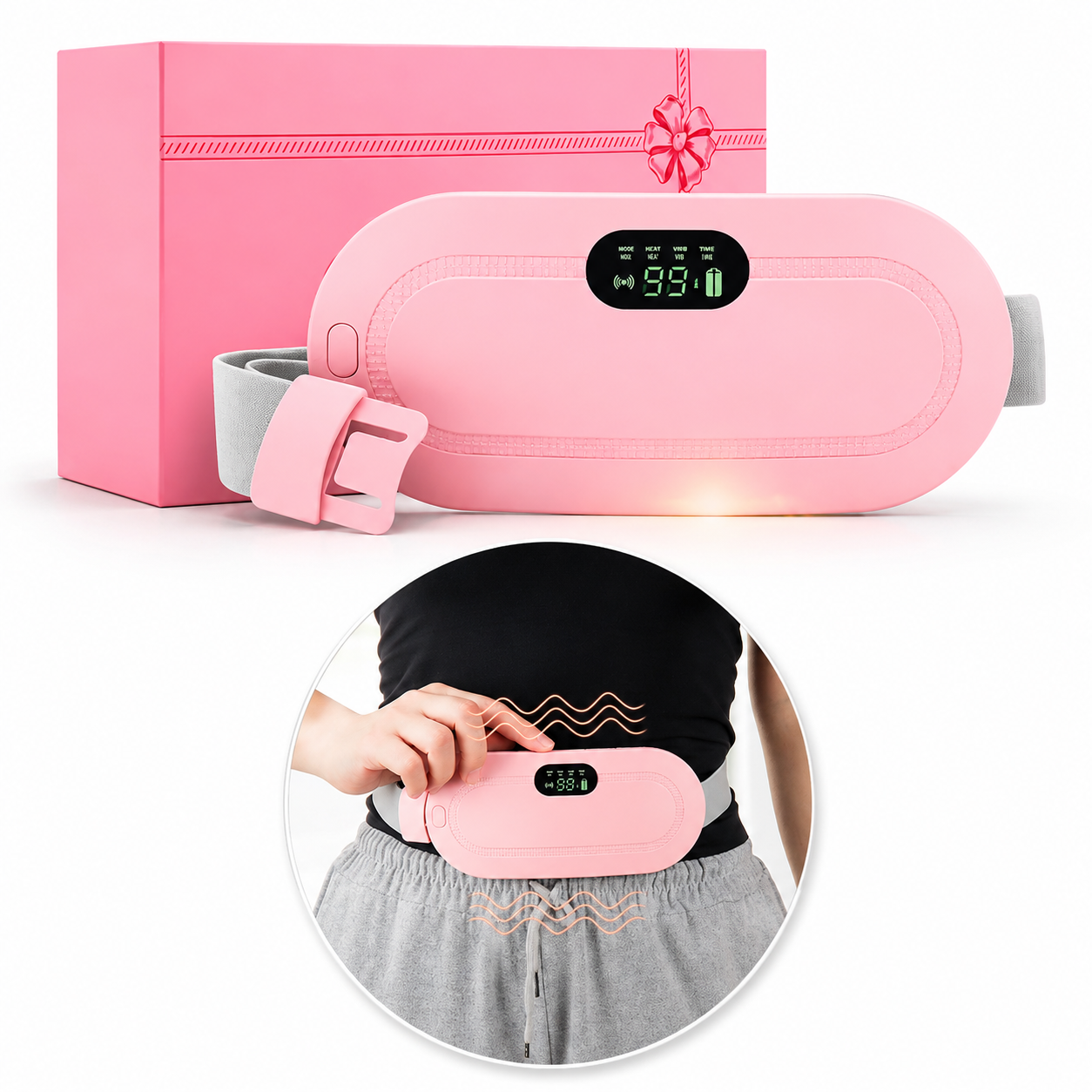 Cinturón térmico menstrual recargable con caja y uso abdominal