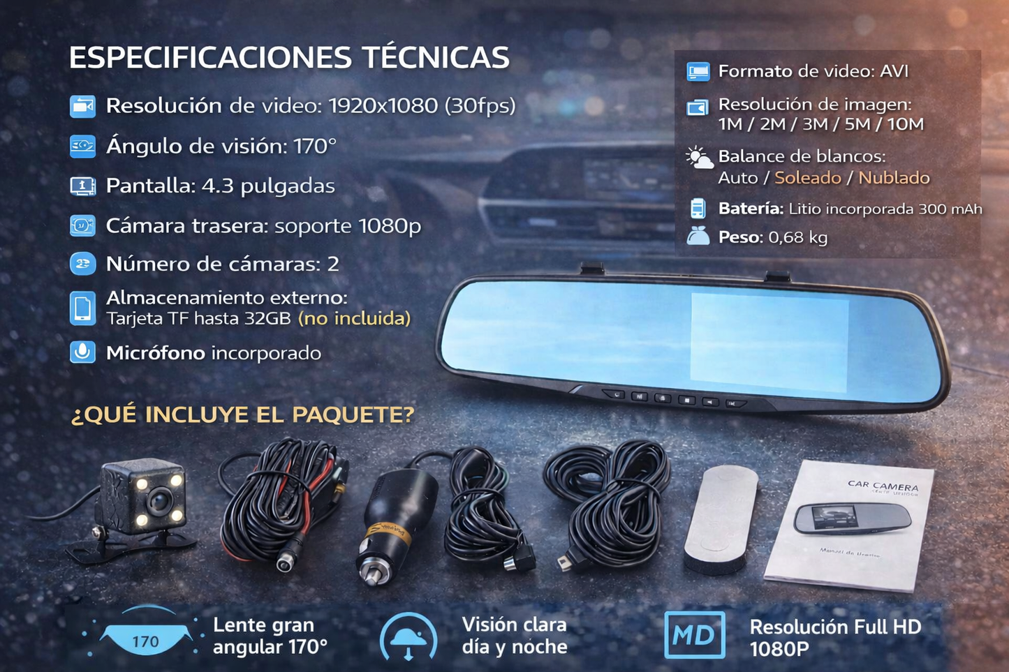 Espejo Retrovisor con DASHCAM + Cámara Trasera FULL HD Impermeable