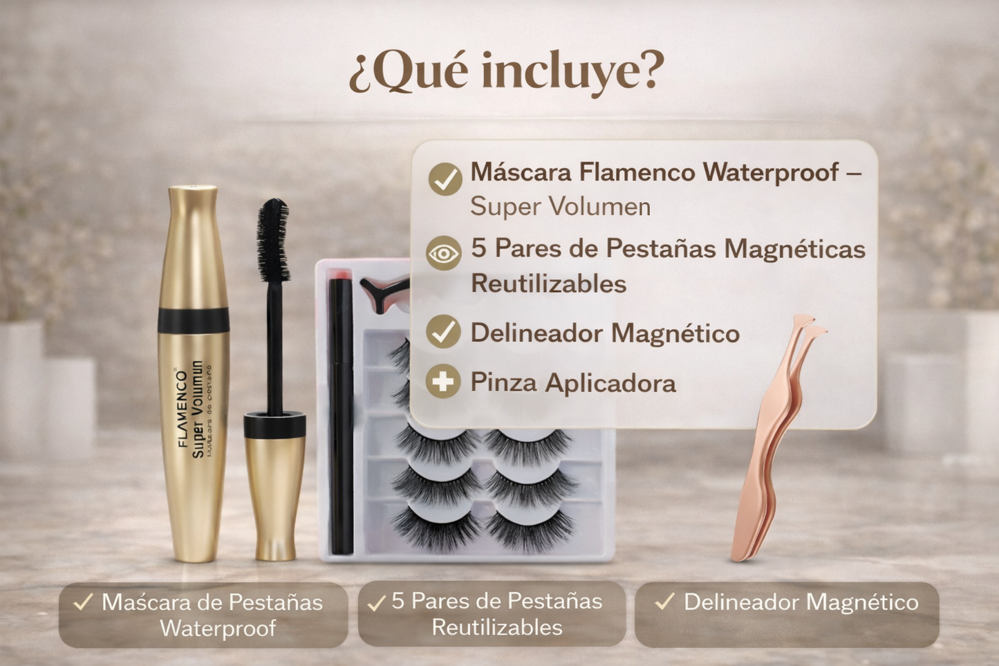 5 Pares de Pestañas Magnéticas Reutilizables + Máscara Flamenco Waterproof Super Volumen GRATIS