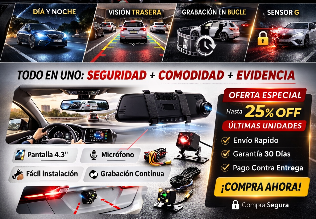 Espejo Retrovisor con DASHCAM + Cámara Trasera FULL HD Impermeable