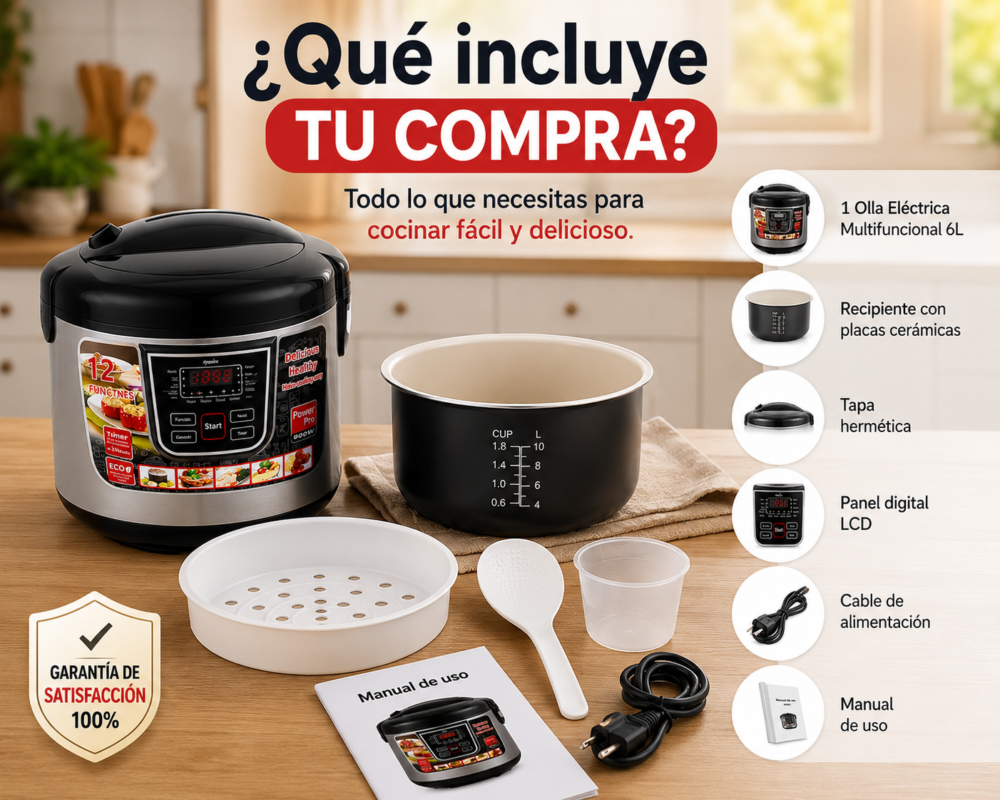 Olla Eléctrica Multifuncional  6L - Cocina Todo en Uno Fácil y Rápido