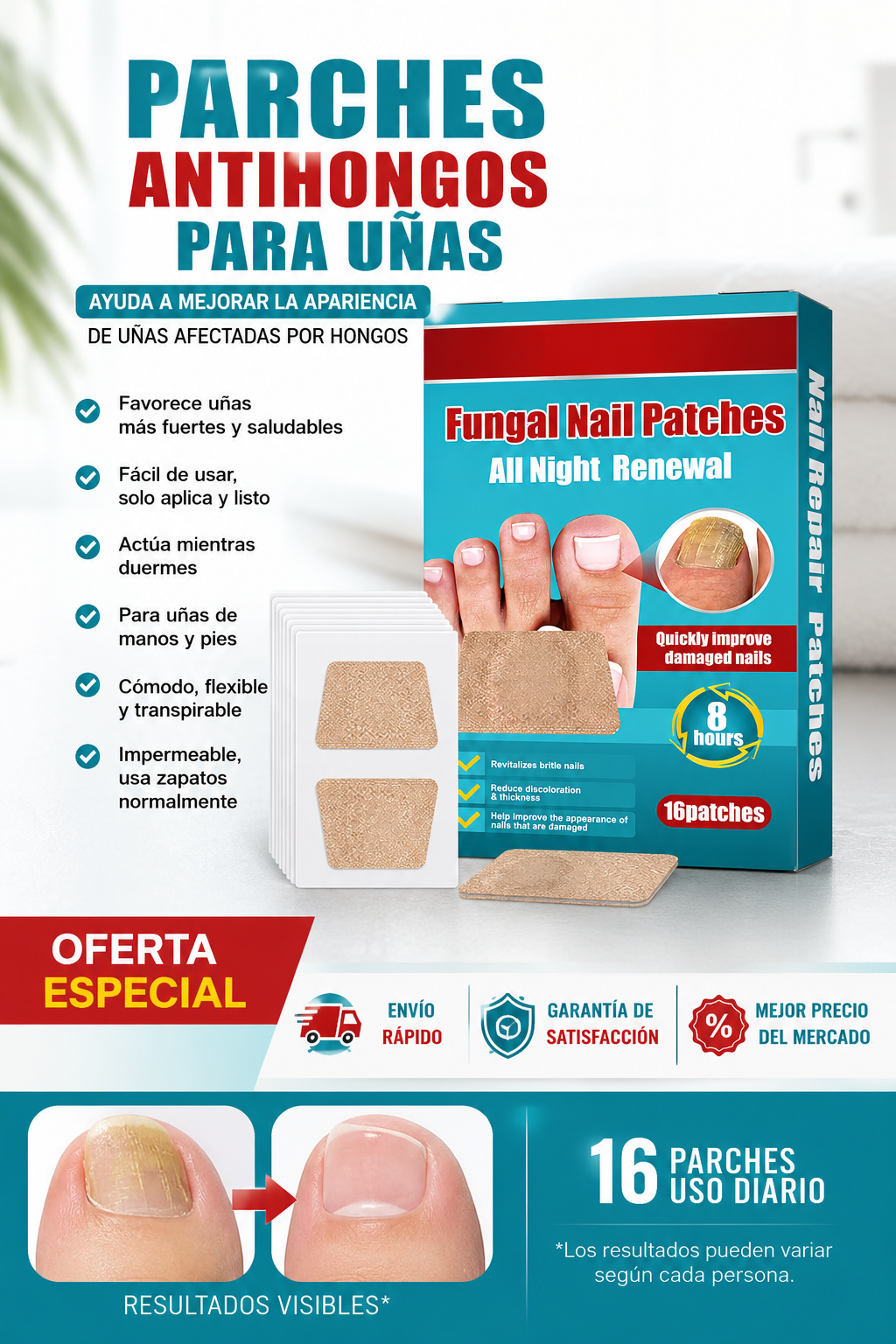 Parches Antihongos de Uñas - Pack 16 Unidades - Recupera el aspecto saludable de tus uñas sin complicaciones