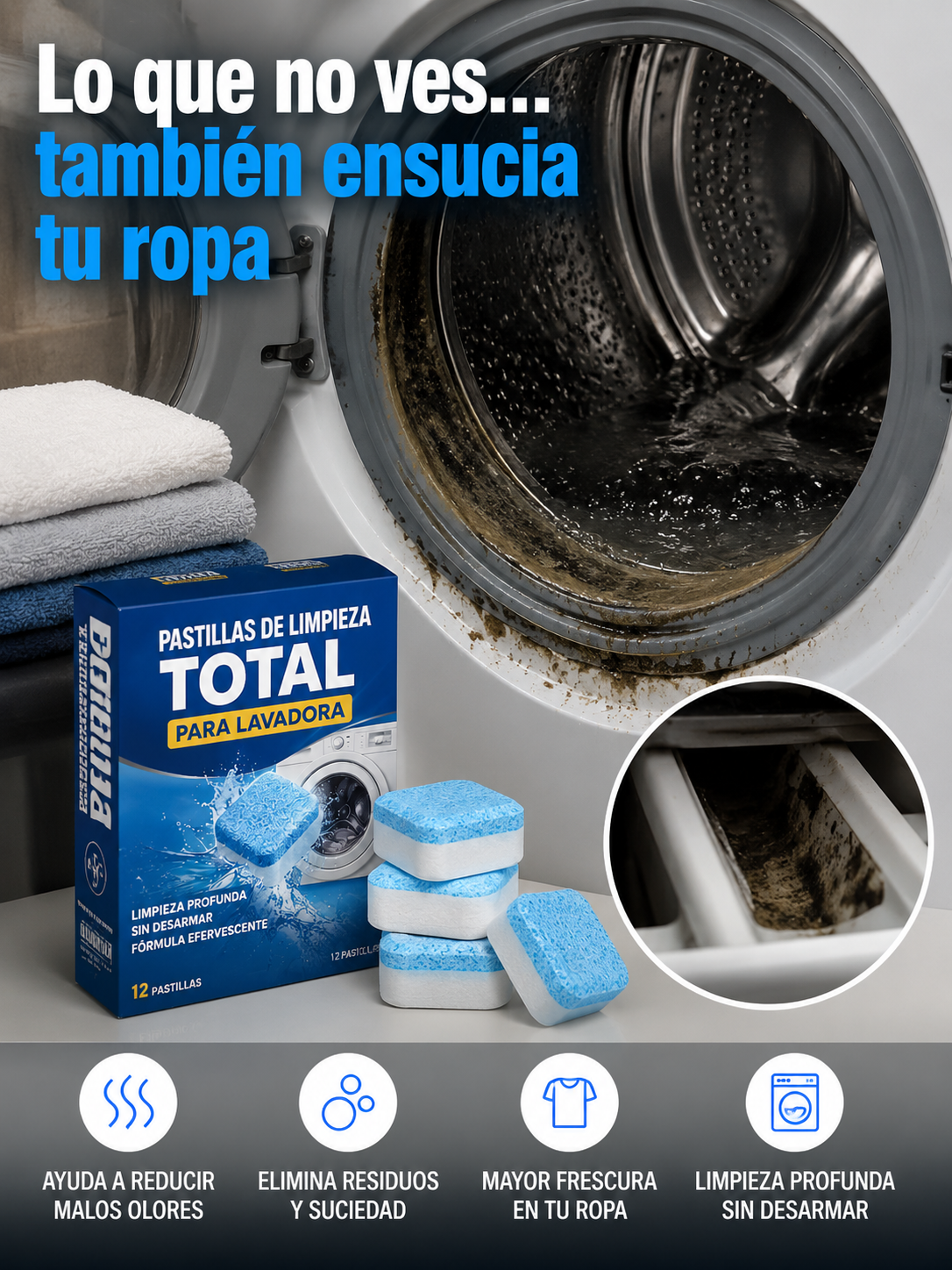 Pastillas de Limpieza para Lavadora 2x1 - Elimina la suciedad oculta y malos olores