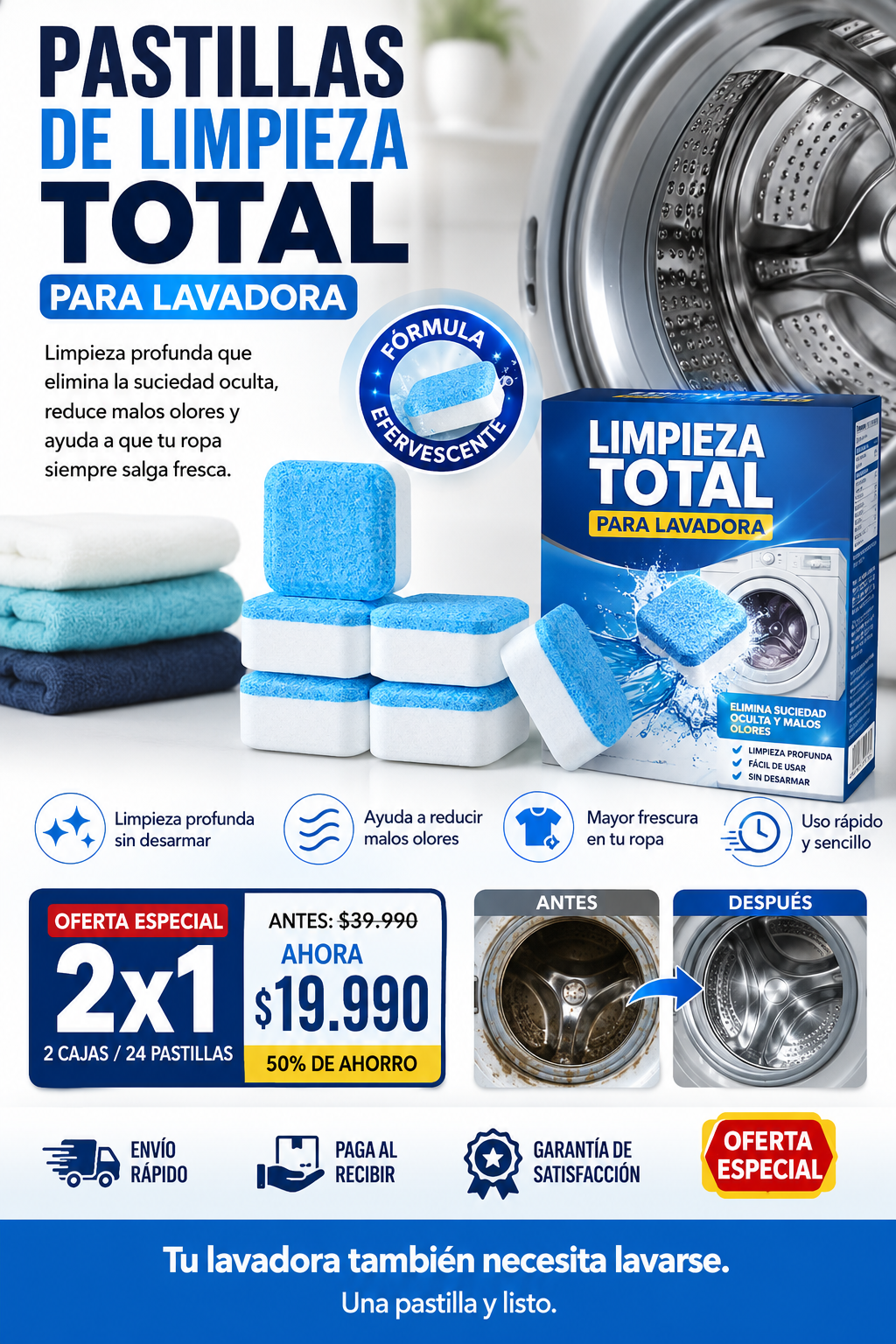 Pastillas de Limpieza para Lavadora 2x1 - Elimina la suciedad oculta y malos olores