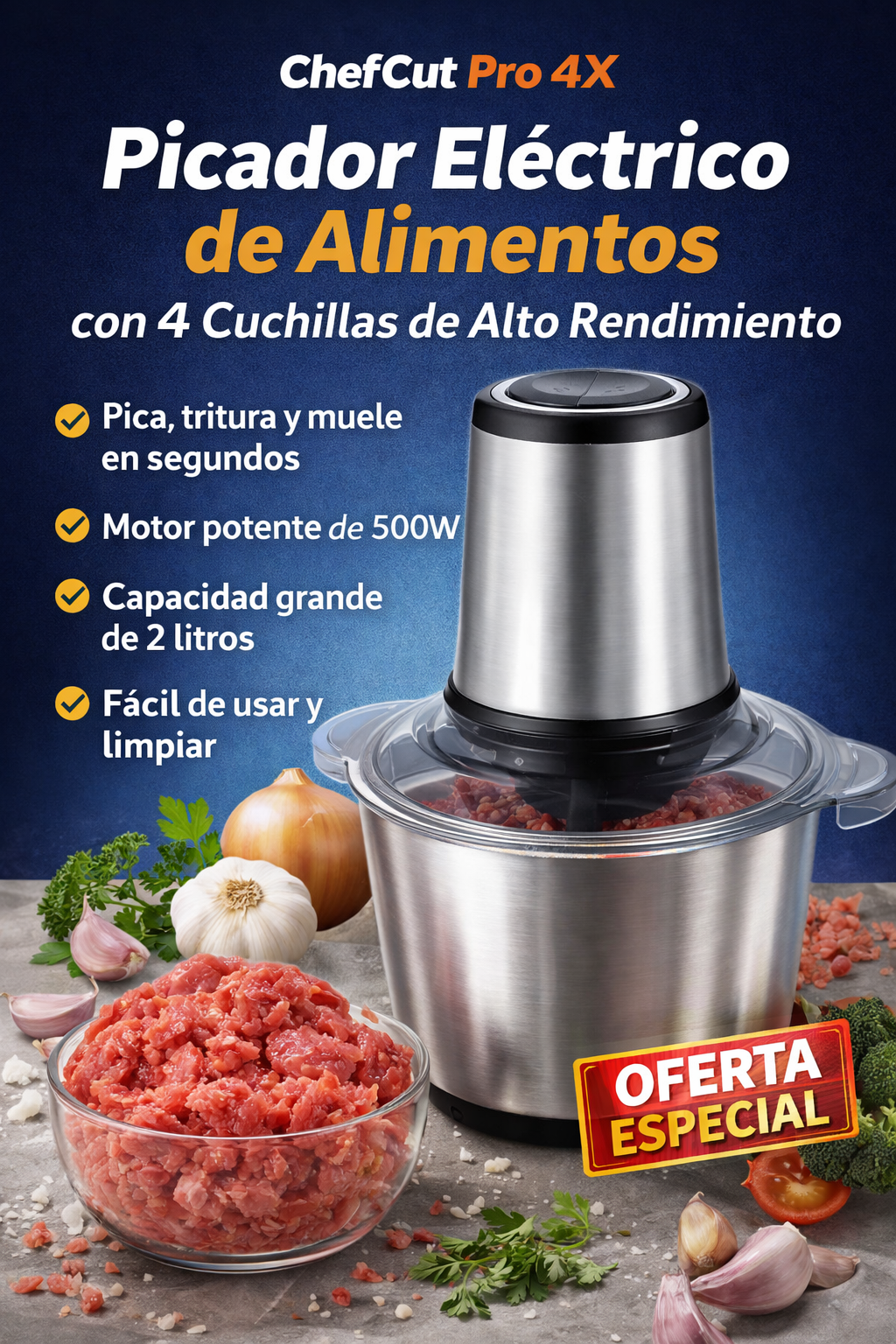 Picador Eléctrico de Alimentos - ChefCut Pro con 4 Cuchillas de Alto Rendimiento