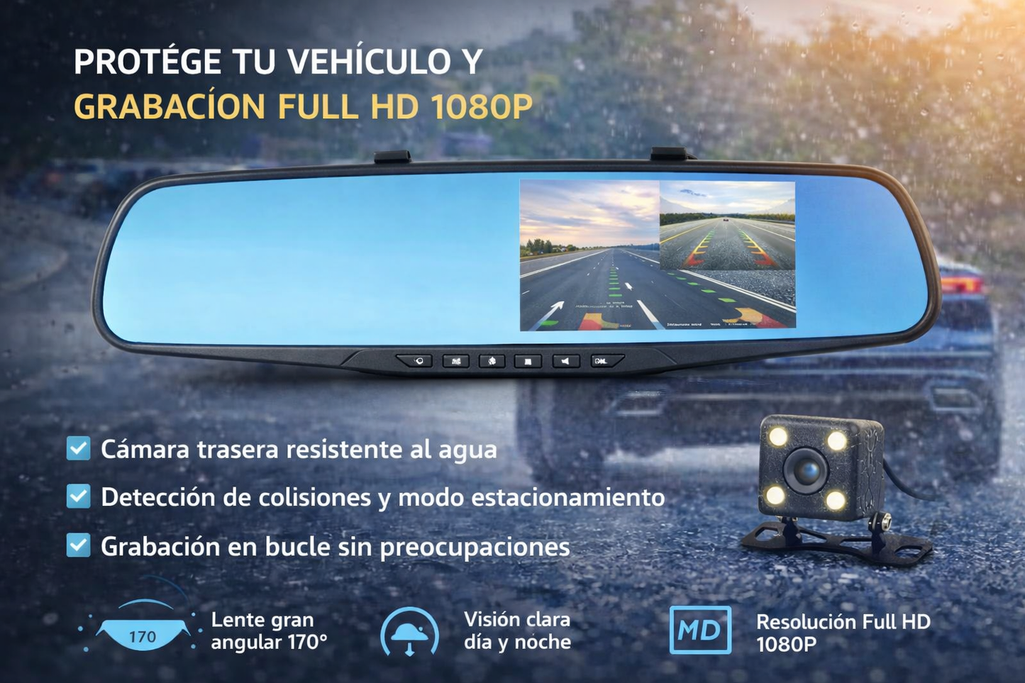 Espejo Retrovisor con DASHCAM + Cámara Trasera FULL HD Impermeable