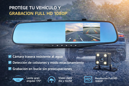 Espejo Retrovisor con DASHCAM + Cámara Trasera FULL HD Impermeable