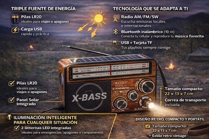 Radio Portátil Retro WAXIBA® – ¡Energía, Música y Luz en un Solo Dispositivo!