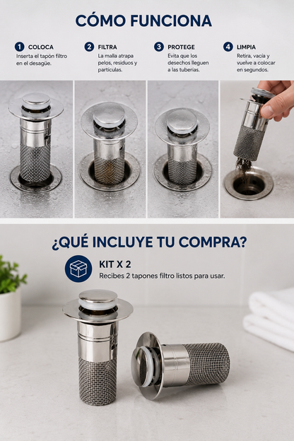 Tapón Filtro Acero Inoxidable KIT x2 - Desagües Siempre Limpios y Sin Obstrucciones