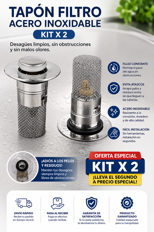 Tapón Filtro Acero Inoxidable KIT x2 - Desagües Siempre Limpios y Sin Obstrucciones
