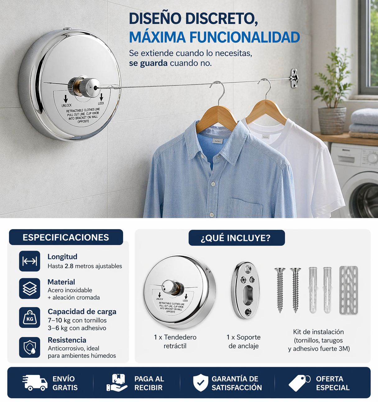 Tendedero Retráctil de Acero Inoxidable de 2.8m - Seca tu Ropa sin Ocupar Espacio